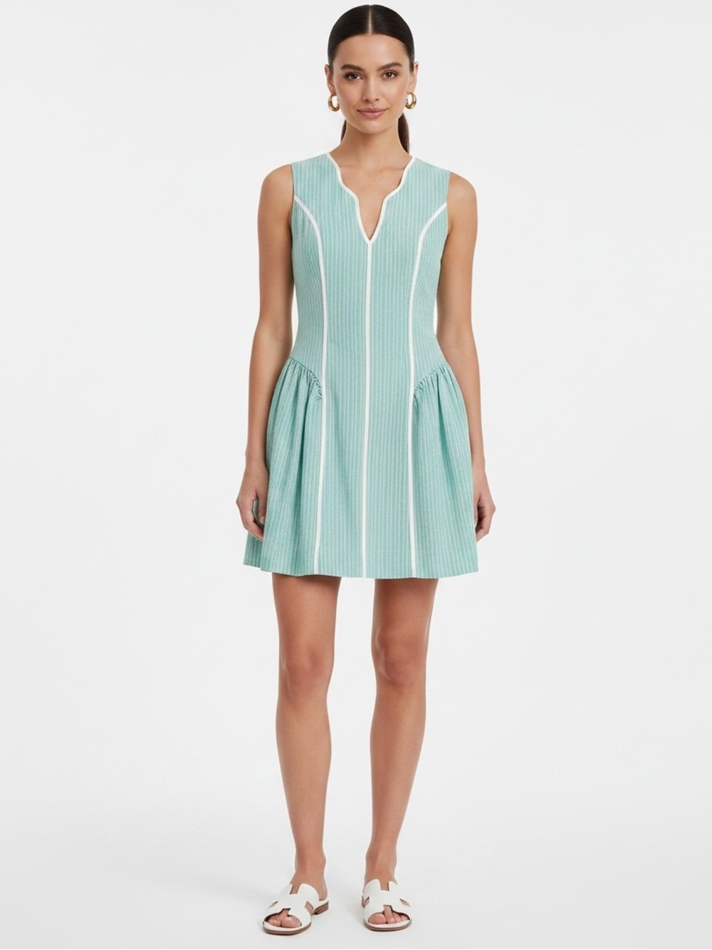 Adelyn Rae Kendra Cotton Mini Dress Aqua Blue Green Stripped Fit Flare Sz XS NWT